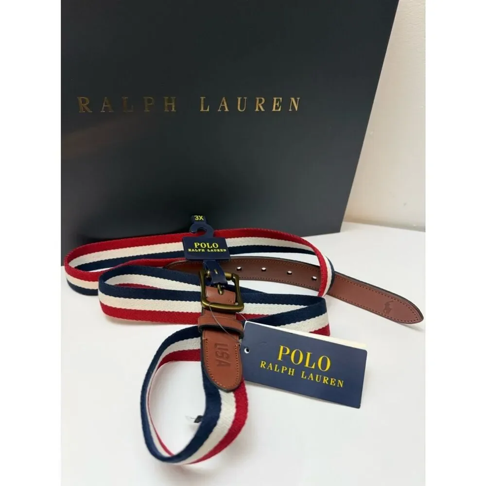 Polo Ralph Lauren Men’s 3X Canvas Stripe Belt Leather Golf Classic Preppy